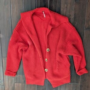 Free People Swim Too Deep Cardigan Red Chunky Knit Oversized Jacket S